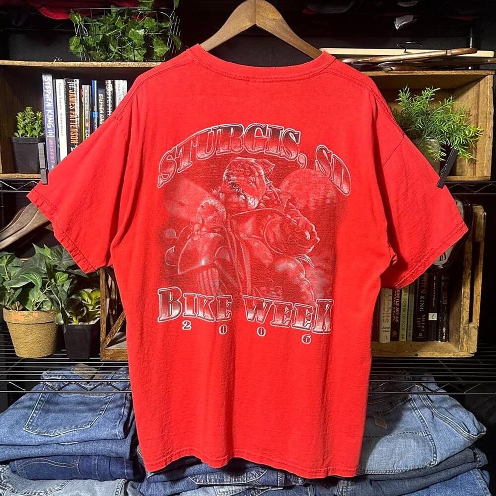 Vintage Y2K Sturgis Bike Week Tee Mens XL Red Double Sided Bulldog Biker Shirt